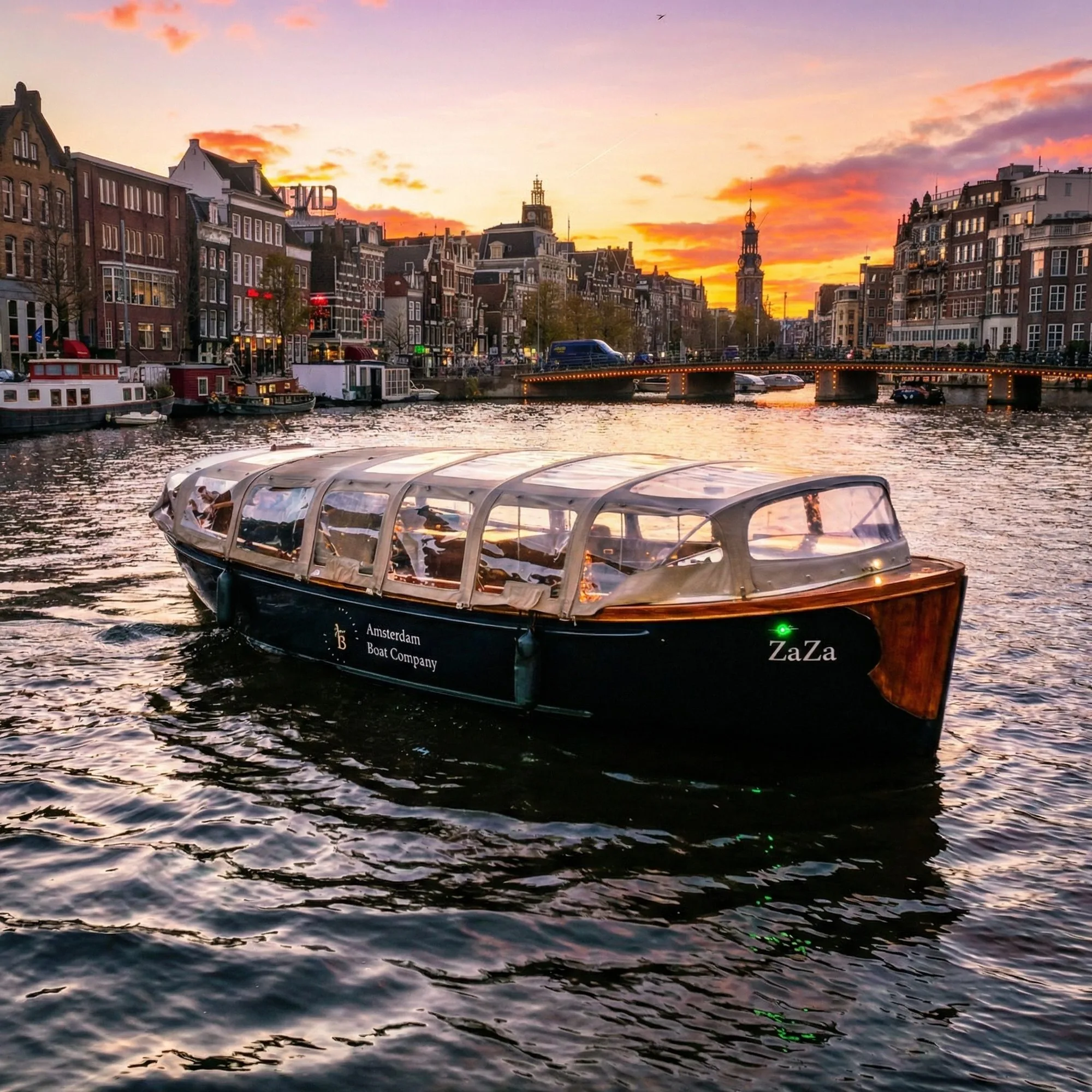 De Zaza met volledig gesloten overkapping op de gracht bij avondlicht